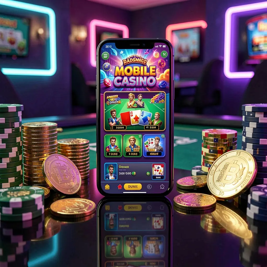 JLO1 mobile casino dashboard on smartphone displaying colorful gaming interface with golden coins and poker chips on glossy table under elegant neon lighting