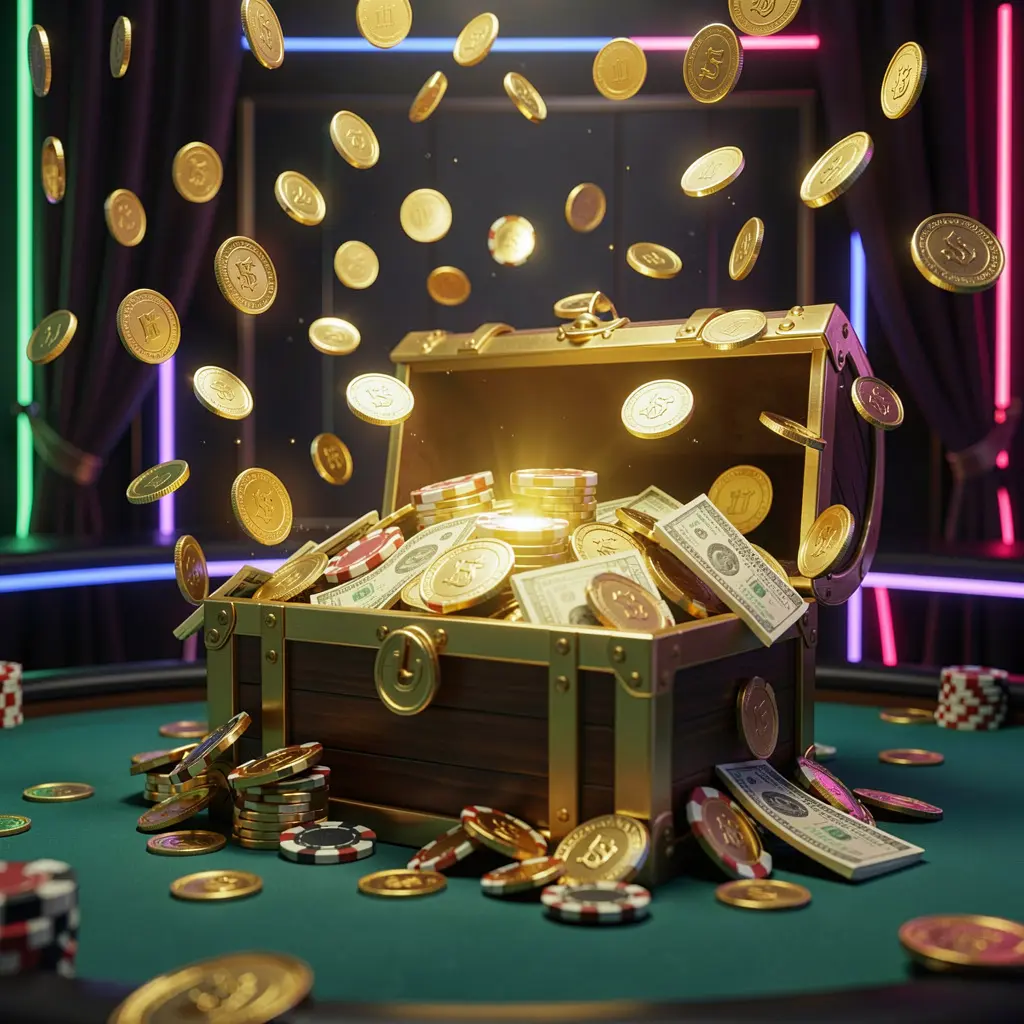 JLO1 premium online casino bonus banner featuring golden coins flying in the air and a glowing treasure chest filled with chips and cash against a luxury dark background with neon accents in an elegant casino style