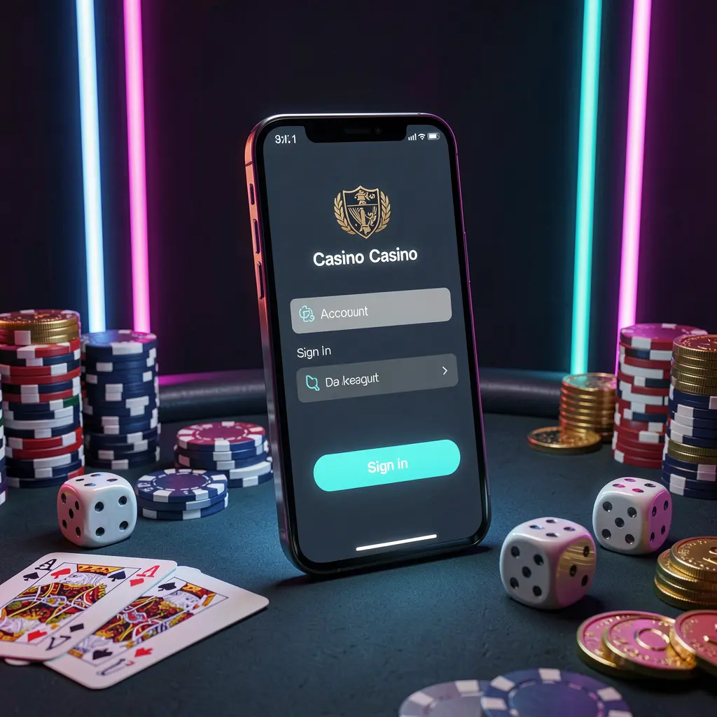 JLO1 casino account sign in scene with a glowing smartphone on a casino table surrounded by cards, chips, dice, and gold coins against an elegant dark background with neon highlights in a realistic 3D render