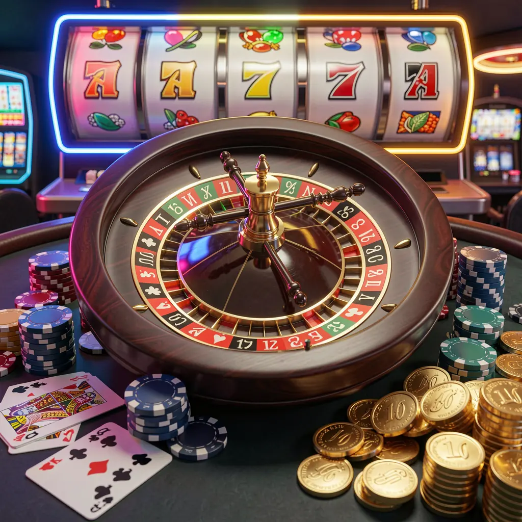 JLO1 casino homepage visual featuring a realistic 3D render of a roulette wheel, poker chips, playing cards, golden coins, and bright neon jackpot lights in a dynamic composition